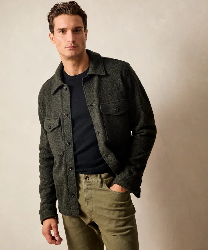 Crew Neck Casual T-Shirt-Boiled Wool CPO Shirt Jacket in Dark Moss