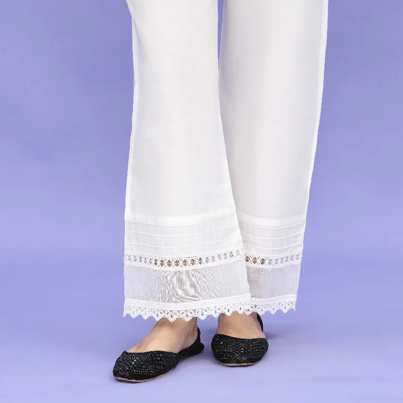 Relaxed Chino Pants-White Striaght Fit Embellished Cambric Trouser PL4097