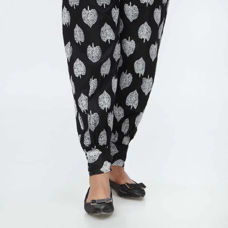 Bootcut Pants-Black Puff Printed Cambric Trouser PW3685