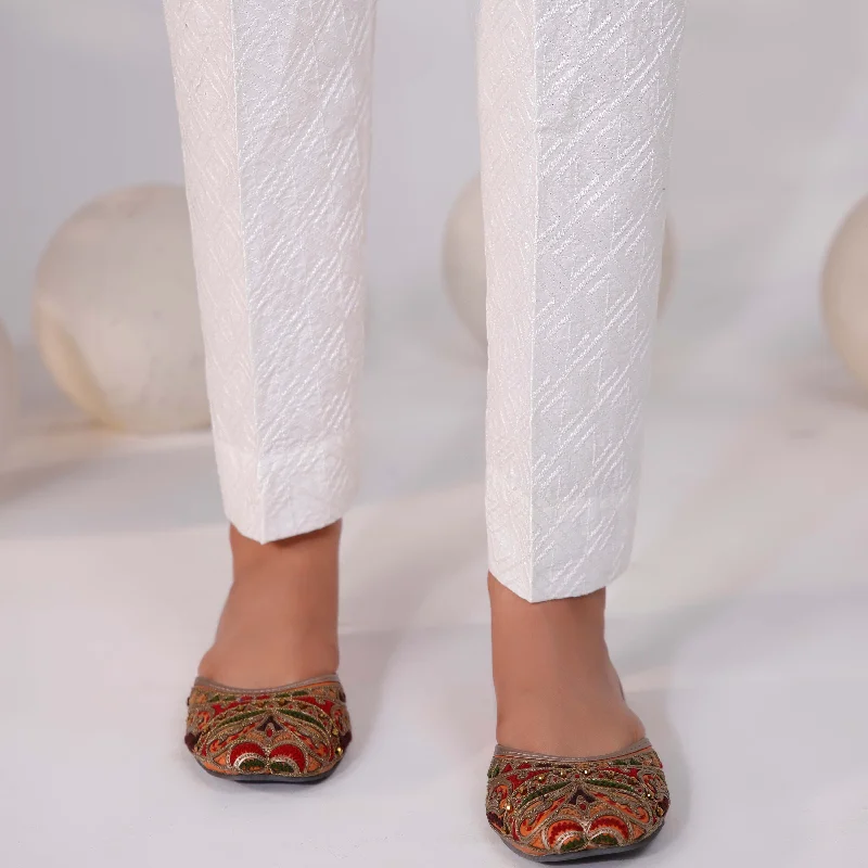 Athletic Pants-White Chikan Kari Embroidered Trouser PW9500