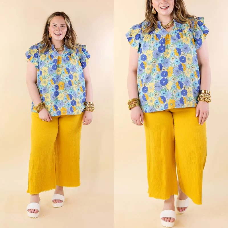 Wide-Leg Pants-Right On Cue Elastic Waistband Cropped Pants with Frayed Hem in Yellow