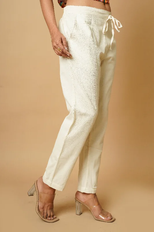 Bootcut Pants-Off White Cotton Crafted Women's Trousers