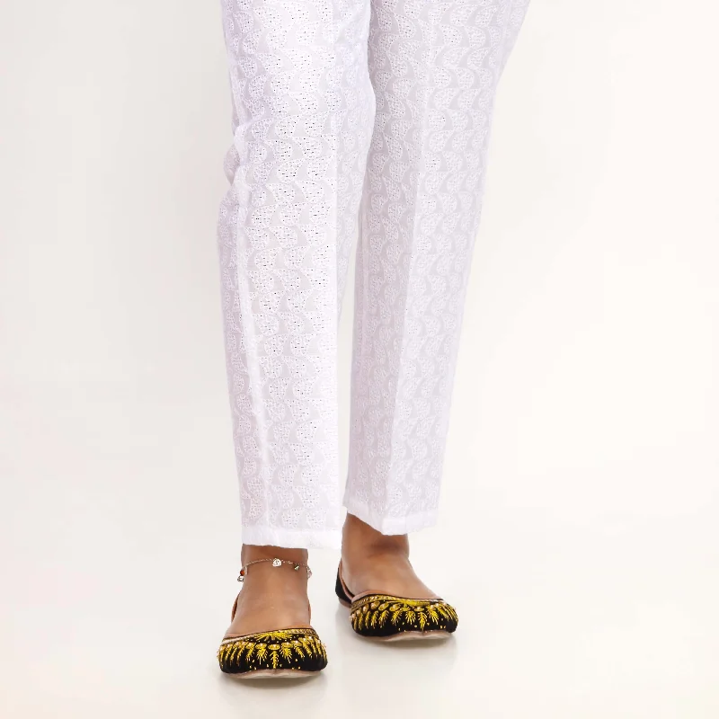 Light Jogger Pants-White Straight Fit Chikan Embellished Trouser PL4054