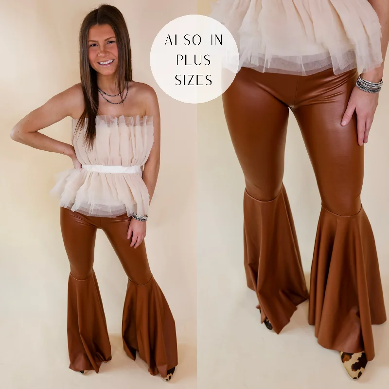 Jogger Pants-Nearly Famous Faux Leather Bell Bottom Pants in Camel Brown