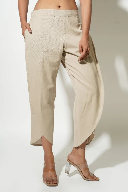 Slim Fit Pants-Cotton Beige Women's Tulip Trousers