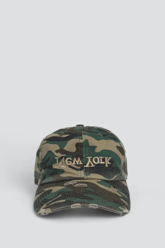 Customizable Hat-Distressed New York Embroidered Hat - Khaki Camo