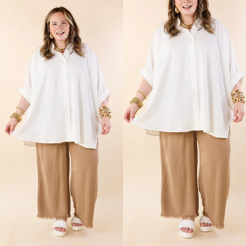 Professional Pants-Right On Cue Elastic Waistband Cropped Pants with Frayed Hem in Mocha Brown