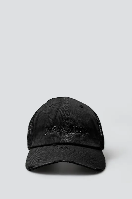 Full-Brim Hat-Distressed New York Embroidered Trucker Hat - Black