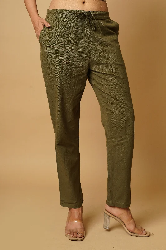 Fashion Pants-Army Green Cotton Women's Trousers