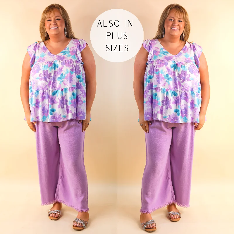 Classic Casual Pants-Right On Cue Elastic Waistband Cropped Pants with Frayed Hem in Lavender Purple