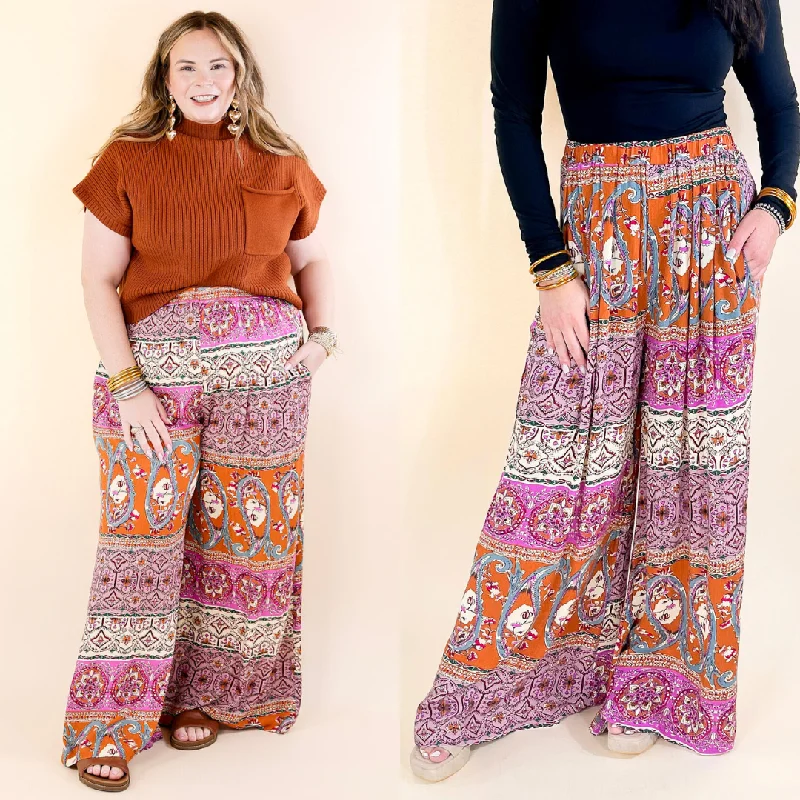 Tapered Pants-Slight Change Elastic Waist Floral Print Wide Leg Palazzo Pants in Rust Orange Mix