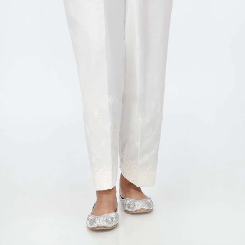 Classic Fit Pants-White Embroidered Cambric Shalwar PS4511