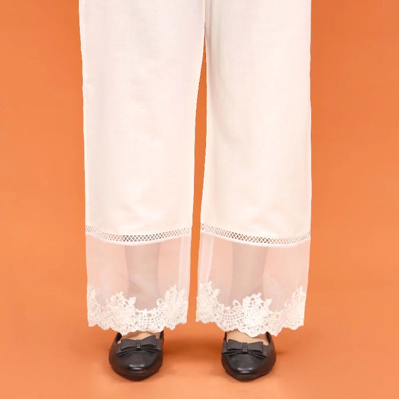 Soft Stretch Pants-White Straight Fit Embroidered Trouser PL5011