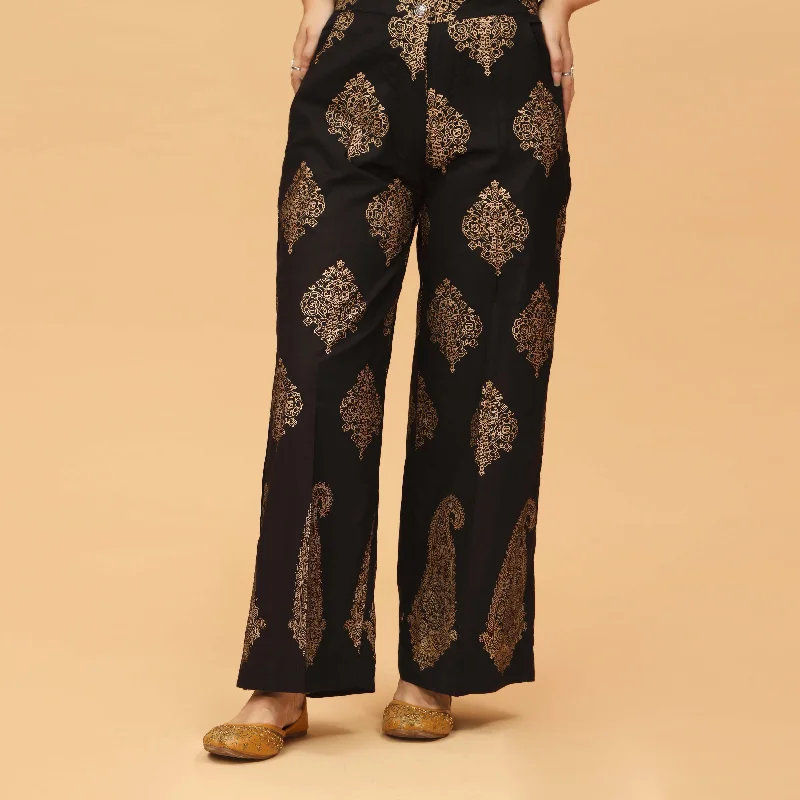 Linen Pants-Black Straight Fit Cambric Printed Trouser PS4589