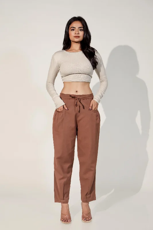 Warm Jogger Pants-Dark Brown Women's Pleated-Narrow Trousers