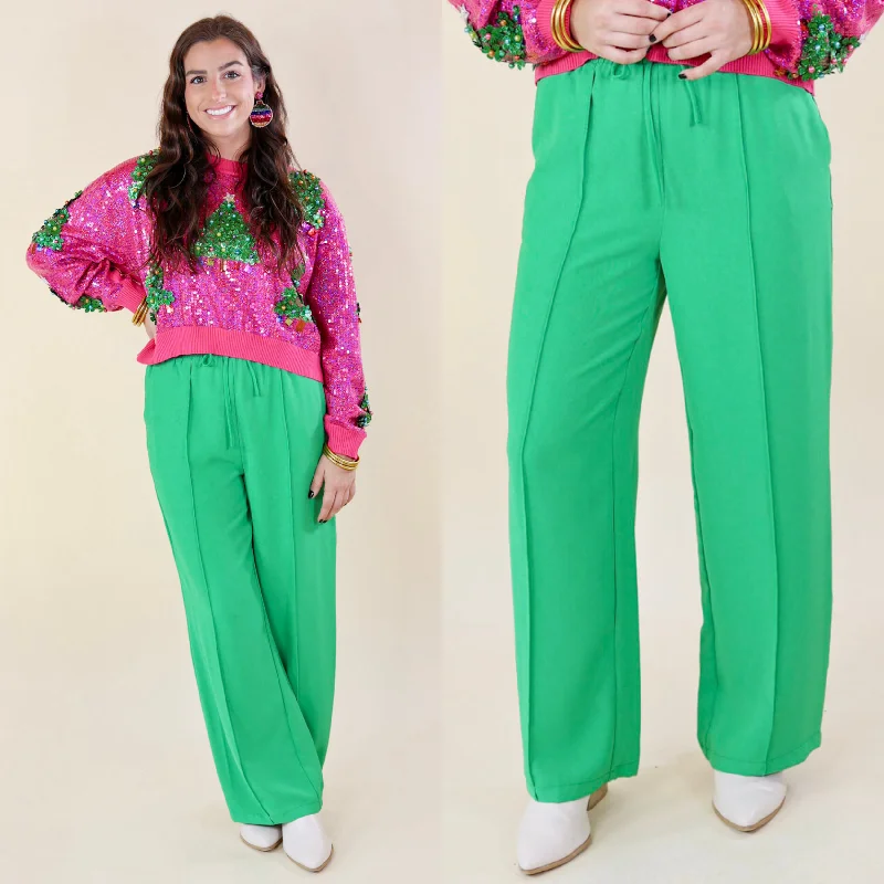 Classic Fit Pants-Bossy Business Drawstring Trouser Pants with Pockets in Green