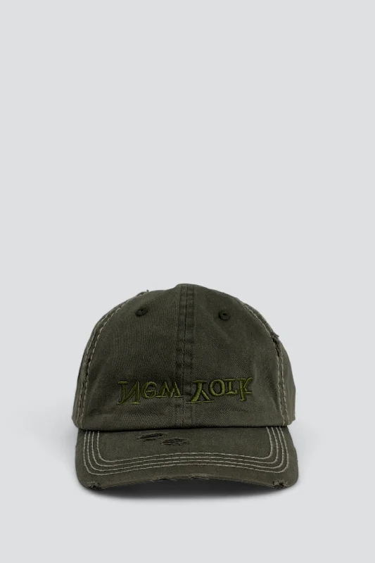 Breathable Hat-Distressed New York Embroidered Contrast Stitch Hat - Olive