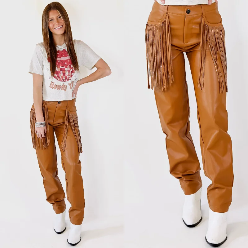 Lightweight Pants-Ready Up Crystal Fringe Faux Leather Pants in Camel Brown