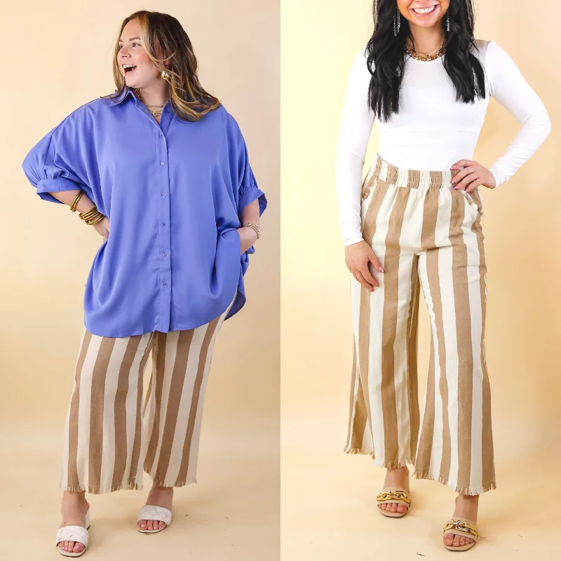 Bootcut Pants-Right On Cue Elastic Waistband Striped Cropped Pants with Frayed Hem in Taupe