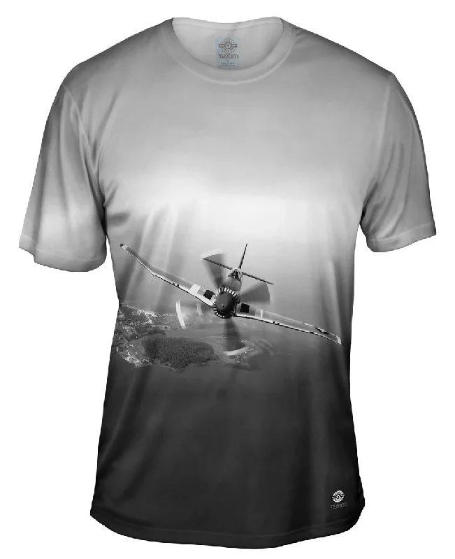 Fashion Print T-Shirt-P 51 Mustang Plane Black White