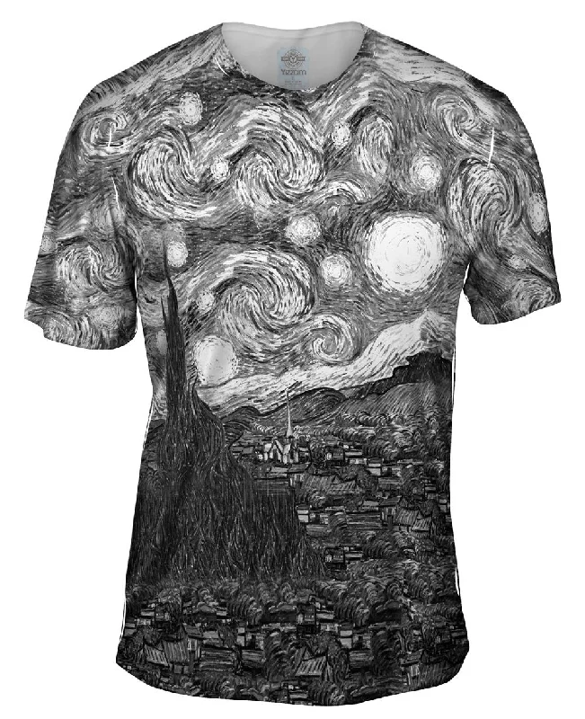 Plain T-Shirt-Pop Art - "Van Gogh Starry Night Black White" (1889)