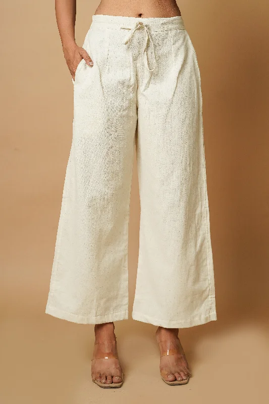 Tapered Pants-Off White Cotton Crafted Women's Trousers