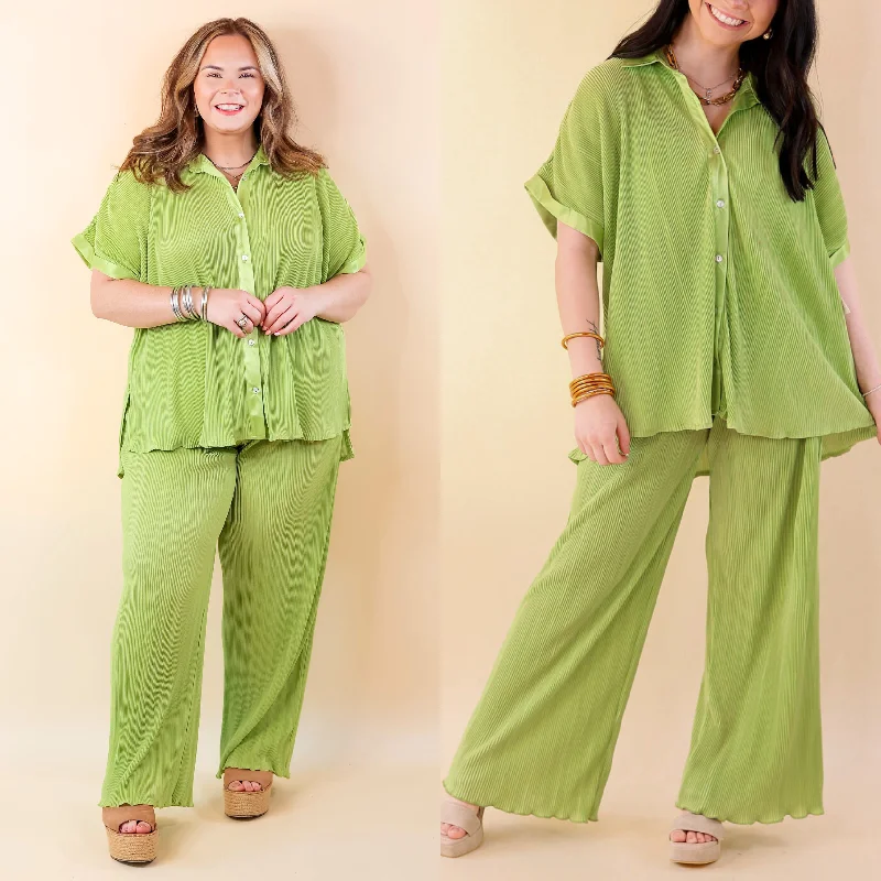 High-Waisted Pants-Walking In Paradise Plissé Drawstring Pants in Lime Green