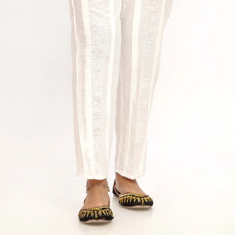 Casual Slim Fit Pants-White Straight Fit Khaddar Embellished Trouser PW4502