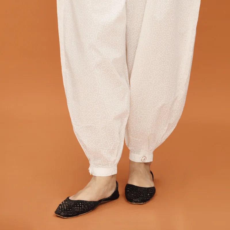 Relaxed Jogger Pants-White Screen Printed Cambric Shalwar PS4585