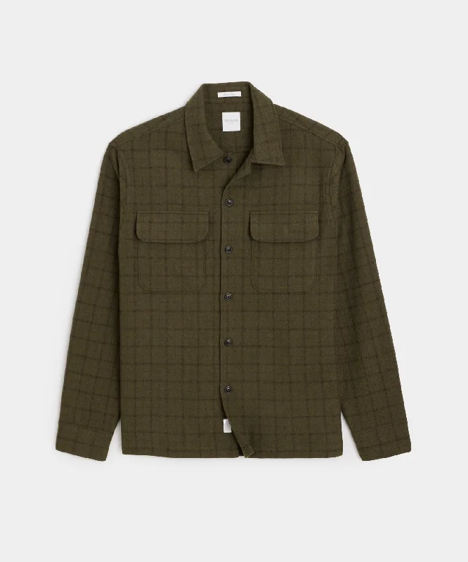 Designer T-Shirt-Italian Wool Field Overshirt in Olive Plaid