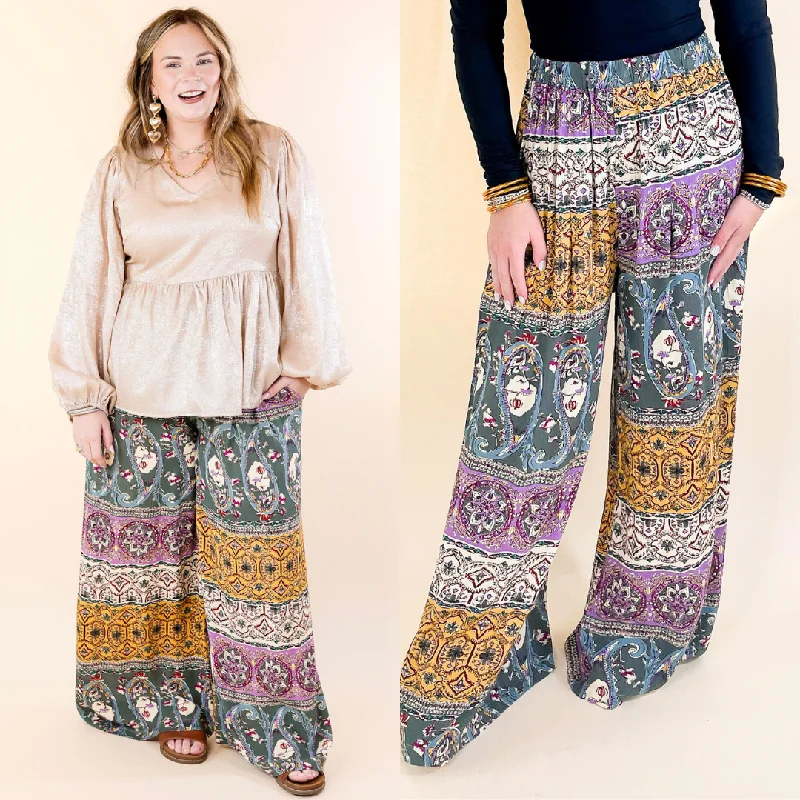 Dress Pants-Slight Change Elastic Waist Floral Print Wide Leg Palazzo Pants in Green Mix