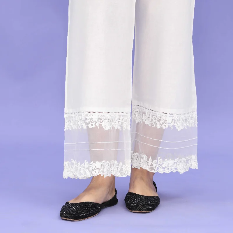 Designer Pants-White Striaght Fit Embellished Cambric Trouser PL4087