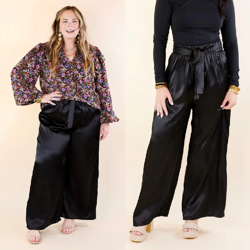 Athletic Fit Pants-Dare To Dazzle Wide Leg Satin Pants with Waist Tie in Black