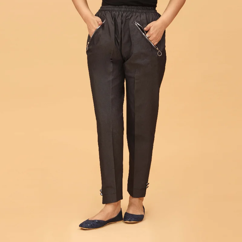 High-Waisted Pants-Black Straight Fit Cambric Embellished Trouser PS4560