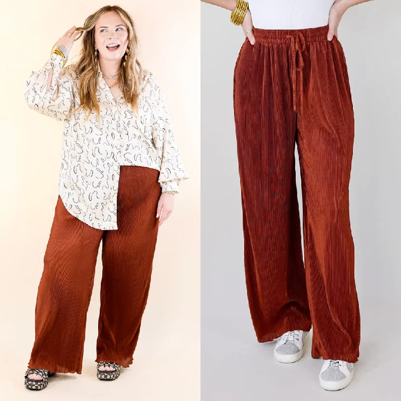 Cargo Pants-What You Admire Plissé Drawstring Pants in Rust Brown