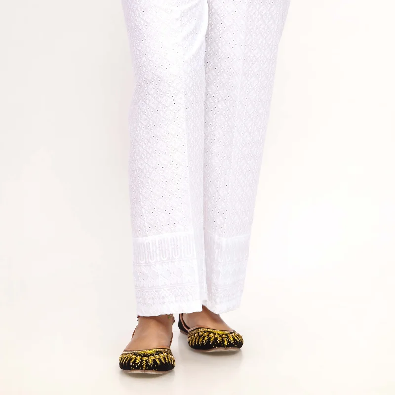 Slim Fit Pants-White Straight Fit Chikan Embellished Trouser PL4052