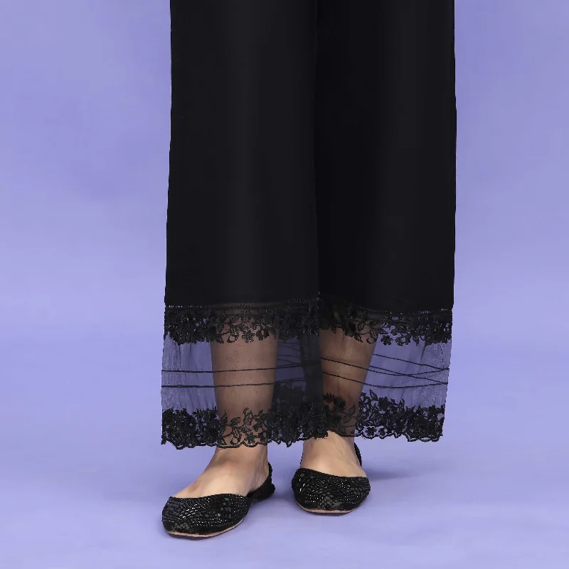 Sports Pants-Black Striaght Fit Embellished Cambric Trouser PL4088