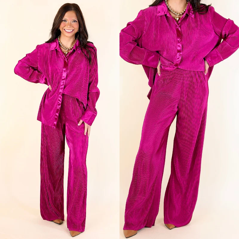 Stretch Pants-Dazzling Satin Plissé Ribbed Pants in Magenta Pink