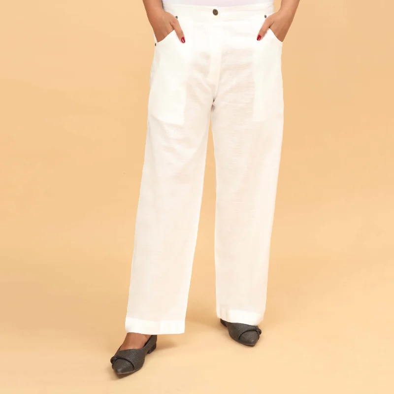 Soft Stretch Pants-White Straight Fit Plain Trouser PW4505