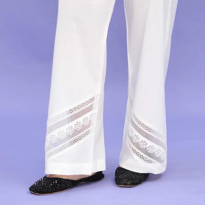 Breathable Pants-White Striaght Fit Embellished Cambric Trouser PL4085