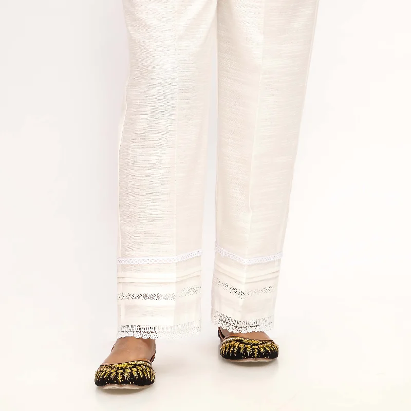 Soft Fleece Pants-White Straight Fit Khaddar Embellished Trouser PW4504