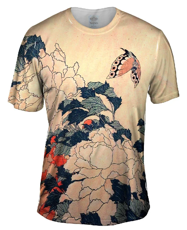 Lightweight Graphic T-Shirt-Katsushika Hokusai - "Peonies with Butterfly"