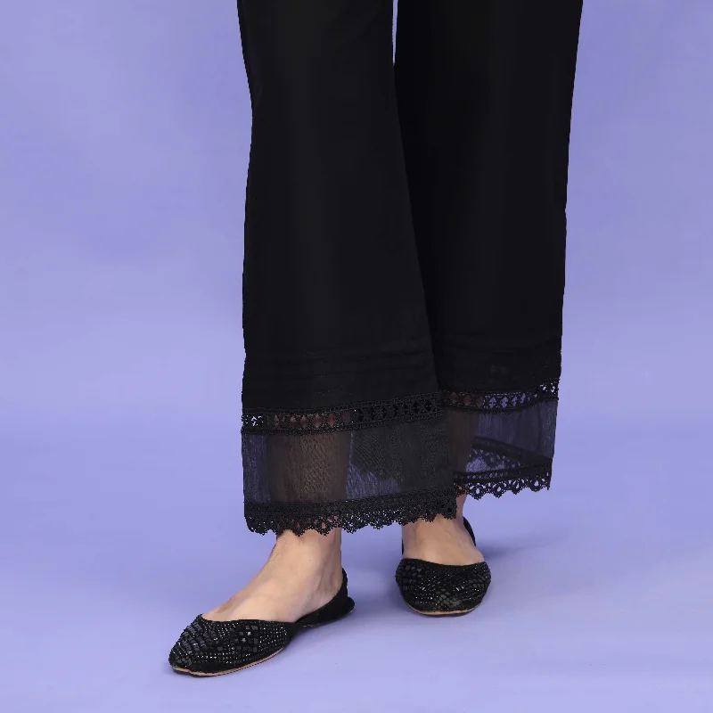 Straight-Leg Pants-Black Striaght Fit Embellished Cambric Trouser PL4098