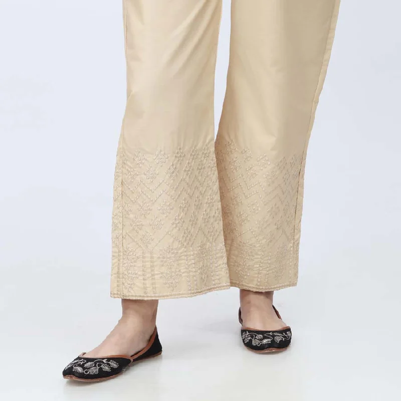 Designer Pants-Beige Embroidered Cambric Trouser PW3659