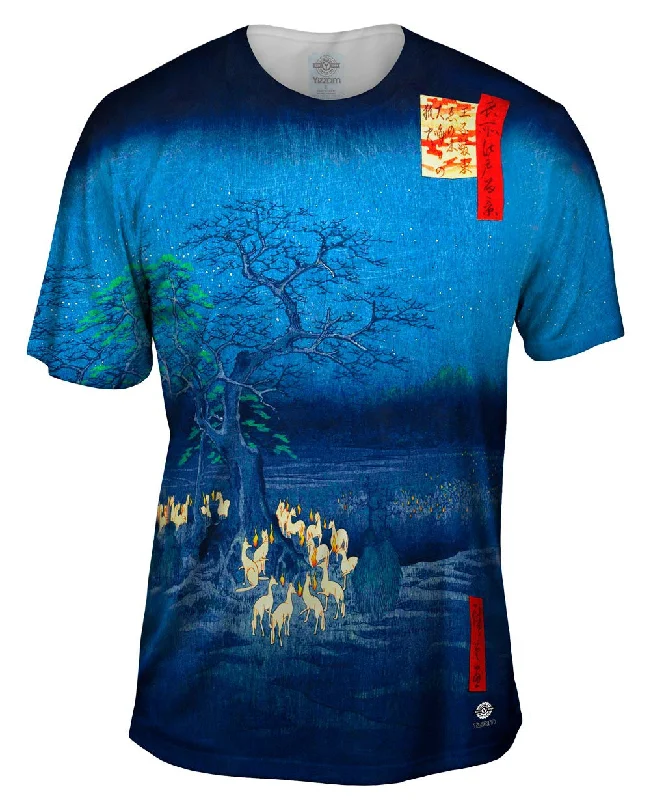 Premium Cotton T-Shirt-Utagawa Hiroshige - "New Year_#_s Eve Foxfires at the Changing Tree, ?ji" (1857)