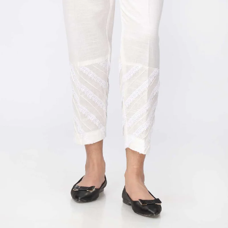 Soft Stretch Pants-White Laced Khaddar Straight Fit Trouser PW3602