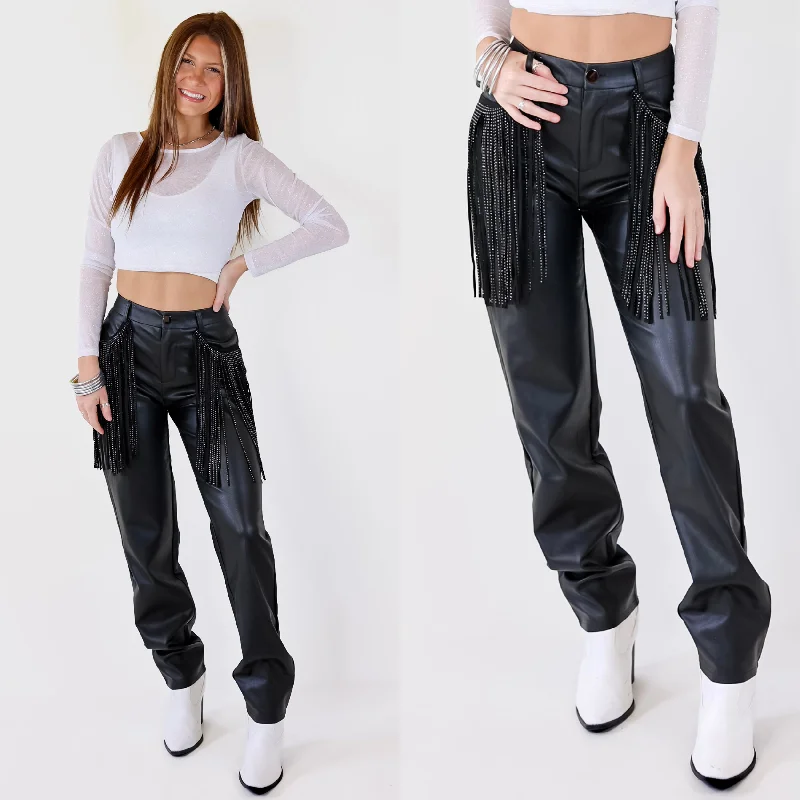 Casual Chino Pants-Ready Up Crystal Fringe Faux Leather Pants in Black