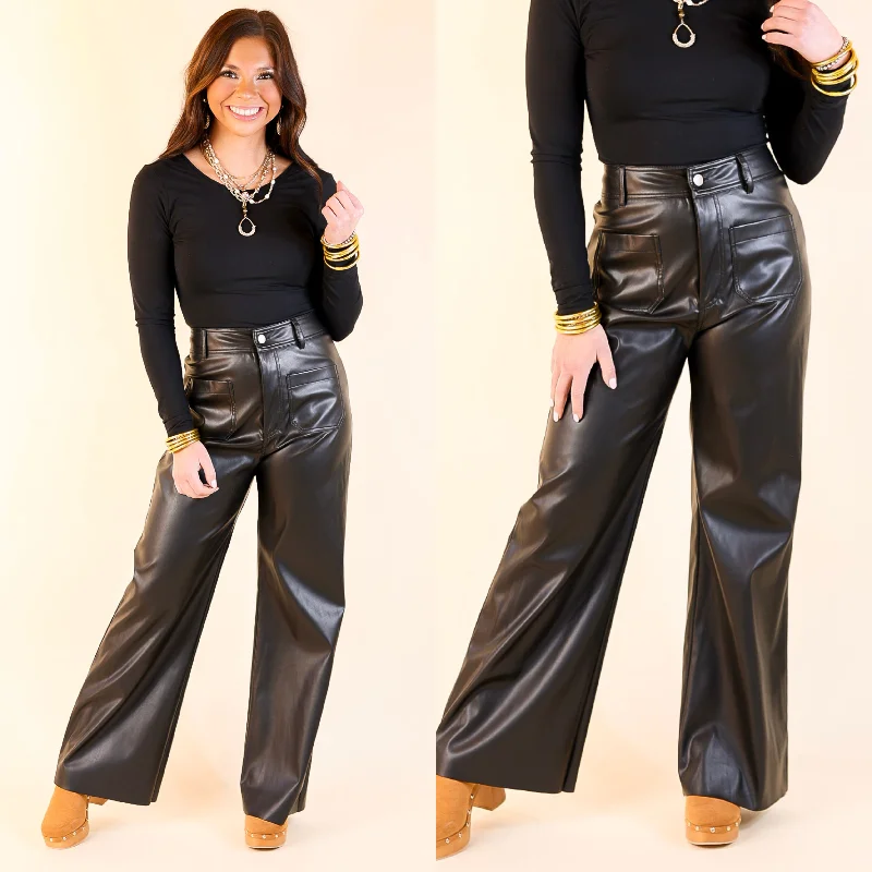 Chino Pants-Out Late Faux Leather Trouser Pants in Black