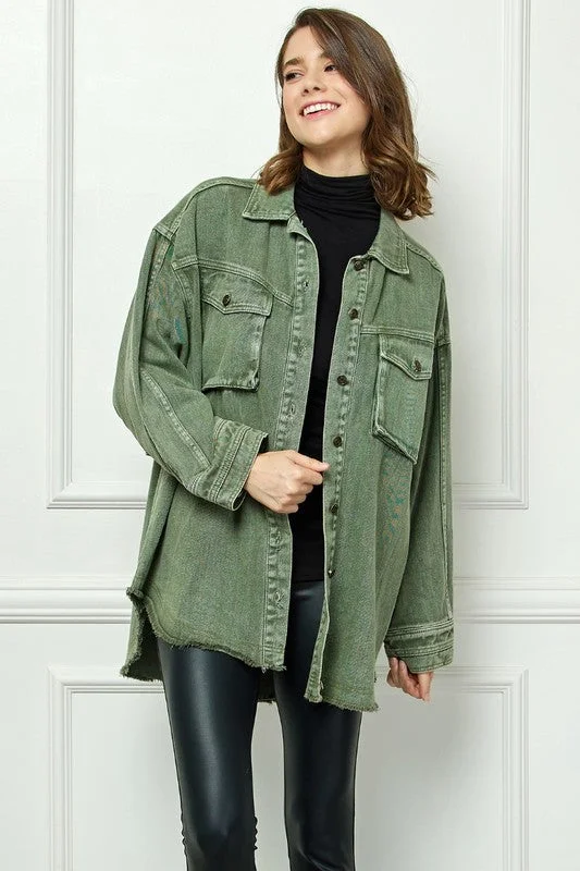 Military Style Jacket-Linzie Cargo Pocket Washed Denim Overshirt Jacket