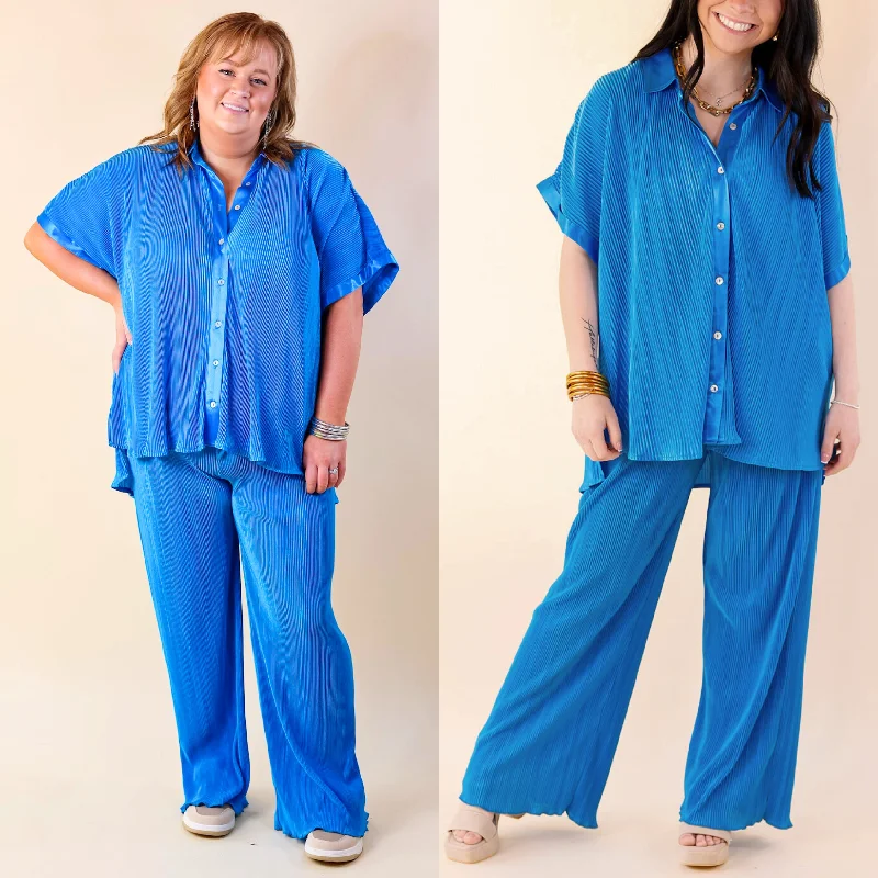 Fashion Pants-Walking In Paradise Plissé Drawstring Pants in Blue